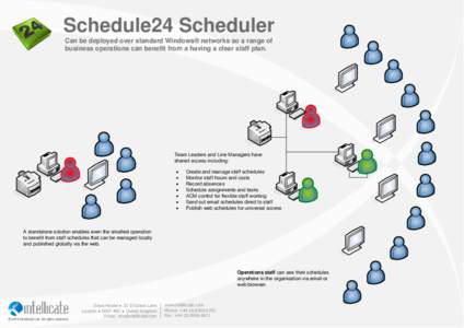 Schedule24 Scheduler Can be deployed over standard Windows® networks so a range of business operations can benefit from a having a clear staff plan. Team Leaders and Line Managers have shared access including: