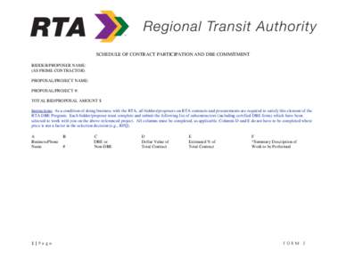 SCHEDULE OF CONTRACT PARTICIPATION AND DBE COMMITMENT BIDDER/PROPOSER NAME: (AS PRIME CONTRACTOR) PROPOSAL/PROJECT NAME: PROPOSAL/PROJECT #: TOTAL BID/PROPOSAL AMOUNT $