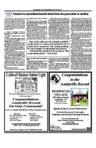 Amityville Record Centennial Edition, May 19, 2004 • 8  Passion for journalism handed down from one generation to another The following is a speech given by Rob Gunnison, grandson of the Amityville Record’s founder a