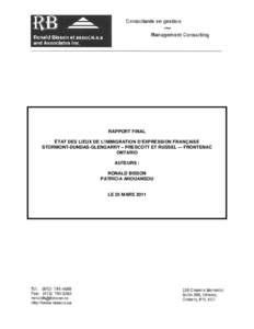 RAPPORT FINAL ÉTAT DES LIEUX DE L’IMMIGRATION D’EXPRESSION FRANÇAISE STORMONT-DUNDAS-GLENGARRY – PRESCOTT ET RUSSEL –- FRONTENAC ONTARIO AUTEURS : RONALD BISSON