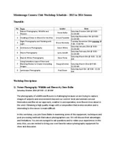 Mississauga Camera Club Workshop Schedule – 2013 to 2014 Season Timetable: No. Topic Nature	
  Photography:	
  Wildlife	
  and	
   1 Flowers