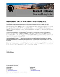 Market Release Newcrest Mining Limited 16 March[removed]Newcrest Share Purchase Plan Results