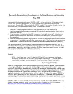 For Discussion  Community Consultation on Infrastructure in the Social Sciences and Humanities May, 2009 In preparation for discussions between SSHRC and CFI on the evolution of CFI programming to support more effectivel