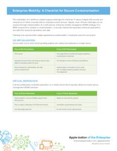 Enterprise Mobility: A Checklist for Secure Containerization The mobilization of a workforce creates ongoing challenges for enterprise IT teams charged with security and compliance of critical corporate data on employee-