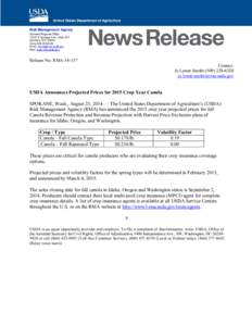 USDA Announces Projected Prices for 2015 Crop Year Canola