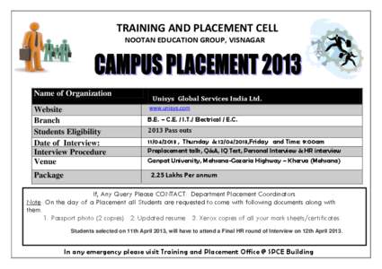TRAINING AND PLACEMENT CELL NOOTAN EDUCATION GROUP, VISNAGAR Name of Organization Website Branch