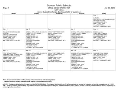 Duncan Public Schools Page 1 DHS & EDGE BREAKFAST MAYMenu Subject to change due to availbility of supplies.)