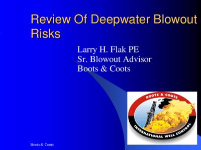 Review Of Deepwater Blowout Risks Larry H. Flak PE Sr. Blowout Advisor Boots & Coots