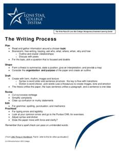 The Write Place @ Lone Star College- Montgomery Extended Learning Center  The Writing Process Plan • Read and gather information around a chosen topic • Brainstorm, free-writing, looping, ask who, what, where, when, 
