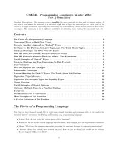 CSE341: Programming Languages Winter 2013 Unit 2 Summary Standard Description: This summary covers roughly the same material as class and recitation section. It can help to read about the material in a narrative style an