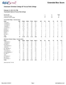 Extended Box Score Clearwater Christian College @ Toccoa Falls College February 21, [removed]:01 PM) Tournament Game at Toccoa Falls College Score by half Toccoa Falls College