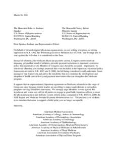 Joint letter from physician groups to House leadership expressing opposition to H.R. 4302, the Protecting Access to Medicare Act of 2014