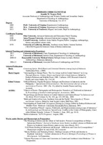 1	
   	
   ABRIDGED CURRICULUM VITAE Jennifer W. Nourse, Ph.D. Associate Professor of Anthropology and Women, Gender and Sexualities Studies Department of Sociology & Anthropology,