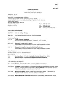 Page 1  April 2013 CURRICULUM VITAE JONATHAN ALAN PATZ, MD, MPH PERSONAL DATA