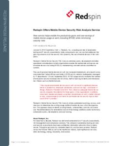 REDSPIN PRESS RELEASE  Redspin Offers Mobile Device Security Risk Analysis Service