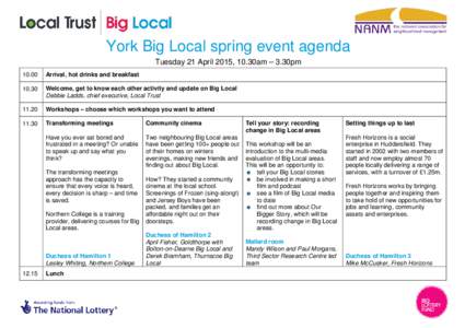 York Big Local spring event agenda Tuesday 21 April 2015, 10.30am – 3.30pmArrival, hot drinks and breakfast