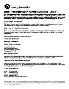 2015 Transformation Award Guidelines (Stage 1) The Transformation Award celebrates women and trans* artists and cultural producers living in the Delaware Valley region who create art for social change and have done so fo