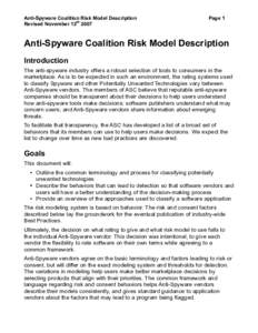 Anti-Spyware Coalition Risk Model Description Revised November 12th 2007 Page 1  Anti-Spyware Coalition Risk Model Description