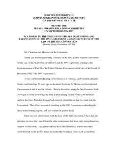 WRITTEN TESTIMONY OF JOHN D. NEGROPONTE, DEPUTY SECRETARY U.S. DEPARTMENT OF STATE BEFORE THE SENATE FOREIGN RELATIONS COMMITTEE ON SEPTEMBER 27th, 2007