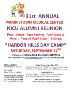 31st ANNUAL MORRISTOWN MEDICAL CENTER NICU ALUMNI REUNION Food, Gam€S, Foce Pointing, Pony Rides & ÂAore ... Tons of Fun!!! Noon - 4:00 pm