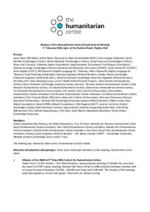 Minutes of the Humanitarian Centre Annual General Meeting 1st February 2010, 6pm, at the Pavilion Room, Hughes Hall Present: Lucas Keen (209 Radio), Ankur Bisen (Aiducation), Mark Sommerfield (AISEC), Dom Vergine (Aptiva