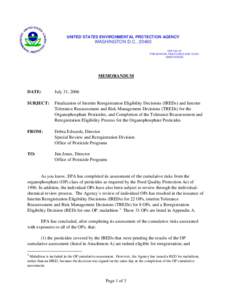 US EPA Reregistration Eligibility Decision Addendum and FQPA Tolerance Reassessment Progress Report: Coumaphos