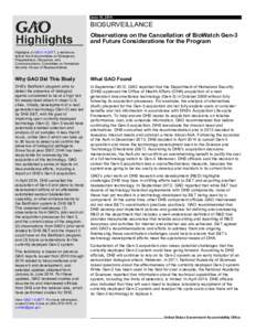 GAO-14-267T Highlights, Biosurveillance: Observations on the Cancellation of BioWatch Gen-3 and Future Considerations for the Program