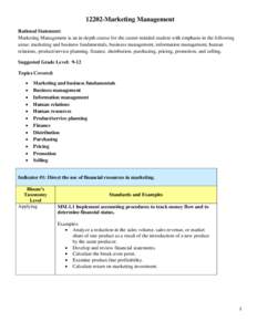 12202-Marketing Management Rational Statement: Marketing Management is an in-depth course for the career-minded student with emphasis in the following areas: marketing and business fundamentals, business management, info