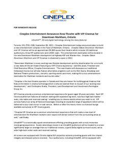 FOR IMMEDIATE RELEASE  Cineplex Entertainment Announces New Theatre with VIP Cinemas for