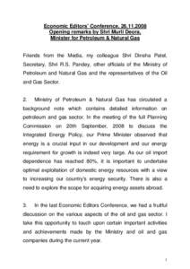 Opening remarks by Shri Murli Deora, Minister for Petroleum & Natural Gas – Economic Editors’ Conference 13