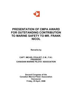 PRESENTATION OF CMPA AWARD FOR OUTSTANDING CONTRIBUTION TO MARINE SAFETY TO MR. FRANK NICOL  Remarks by