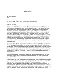 March 28, 2011  Ms. Anna Mendez (b)6)  Re: 2011 – APP – 0003; FOIA Appeal dated March 4, 2011