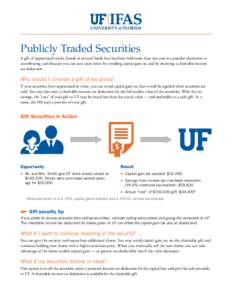 Publicly Traded Securities A gift of appreciated stocks, bonds or mutual funds that has been held more than one year is a popular alternative to contributing cash because you can save taxes twice: by avoiding capital gai