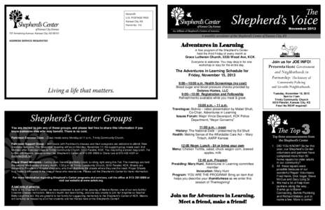 NovemberAdventures in Learning A free program of the Shepherd’s Center held the third Friday of every month at