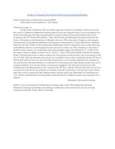 Southern Campaign American Revolution Pension Statements & Rosters Pension Application of Nehemiah Greening S38762 Transcribed and annotated by C. Leon Harris Albemarle County Sc On the 6th day of February 1821 personall