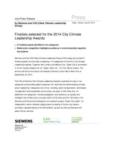 Joint Press Release by Siemens and C40 (Cities Climate Leadership Group) Press Taipei, Taiwan, July 25, 2014