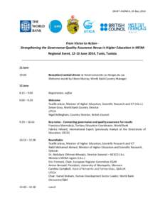 DRAFT AGENDA, 28 May[removed]From Vision to Action Strengthening the Governance-Quality Assurance Nexus in Higher Education in MENA Regional Event, 12-13 June 2014, Tunis, Tunisia __________________________________________