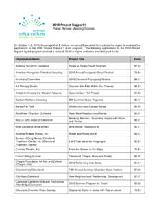 2016 Project Support I Panel Review Meeting Scores On October 5-6, 2015, Cuyahoga Arts & Culture convened 8 panelists from outside the region to evaluate the applications to the 2016 Project Support I grant program. The 