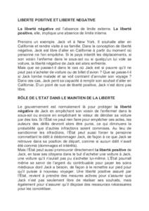 LIBERTE POSITIVE ET LIBERTE NEGATIVE La liberté négative est l’absence de limite externe. La liberté positive, elle, implique une absence de limite interne. Prenons un exemple. Jack vit à New York. Il souhaite alle