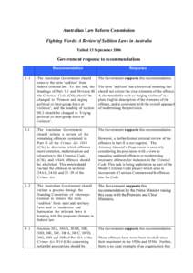 Australian Law Reform Commission Fighting Words: A Review of Sedition Laws in Australia Tabled 13 September 2006 Government response to recommendations Recommendation