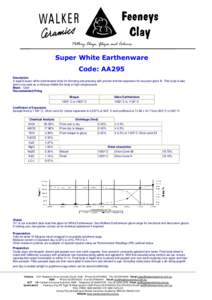 Pottery Clays, Glazes and Colours  Super White Earthenware Code: AA295 Description A superb super white earthenware body for throwing and pressing with precise thermal expansion for accurate glaze fit. This body is also