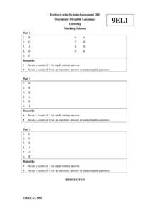 Territory-wide System Assessment 2011 Secondary 3 English Language Listening Marking Scheme Part 1 1.