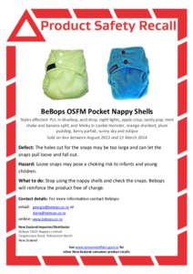 BeBops OSFM Pocket Nappy Shells Styles affected: PUL in bluebop, acid drop, night lights, apple crisp, candy pop, mint shake and banana split; and Minky in cookie monster, orange sherbert, plum pudding, berry parfait, su