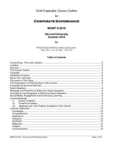Draft Expanded Course Outline for Corporate Governance MGMT S-5018 Harvard University