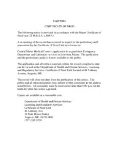 Certificate of need / United States / Bates College / Lewiston /  Maine / Maine
