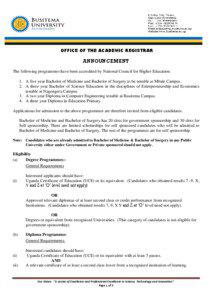 OFFICE OF THE ACADEMIC REGISTRAR  ANNOUNCEMENT