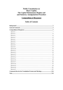 Public Consultation on Share Capital, The Capital Maintenance Regime and and Statutory Amalgamation Procedure Compendium of Responses Table of Contents