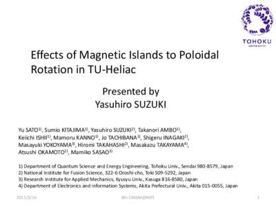 Effects of Magnetic Islands to Poloidal Rotation in TU-Heliac Presented by Yasuhiro SUZUKI Yu SATO1), Sumio KITAJIMA1), Yasuhiro SUZUKI2), Takanori AMBO1), Keiichi ISHII1), Mamoru KANNO1), Jo TACHIBANA1), Shigeru INAGAKI