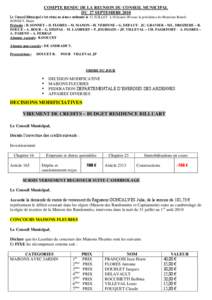 COMPTE RENDU DE LA REUNION DU CONSEIL MUNICIPAL DU 27 SEPTEMBRE 2010 Le Conseil Municipal s’est réuni en séance ordinaire le 12 JUILLET à 18 heures 00 sous la présidence de Monsieur Benoît SONNET, Maire Présents 