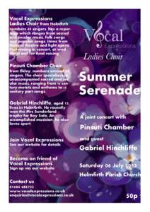Vocal Expressions Ladies Choir from Holmfirth numbers 40 singers, has a repertoire which ranges from sacred and secular music, folk songs and popular songs, items from musical theatre and light opera.